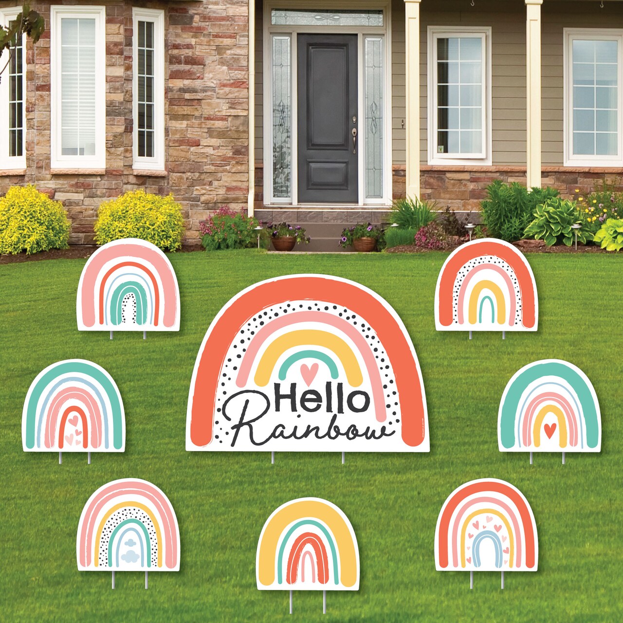 Big Dot of Happiness Hello Rainbow - Yard Sign and Outdoor Lawn Decor - Boho Baby Shower and Birthday Party Yard Signs - Set of 8